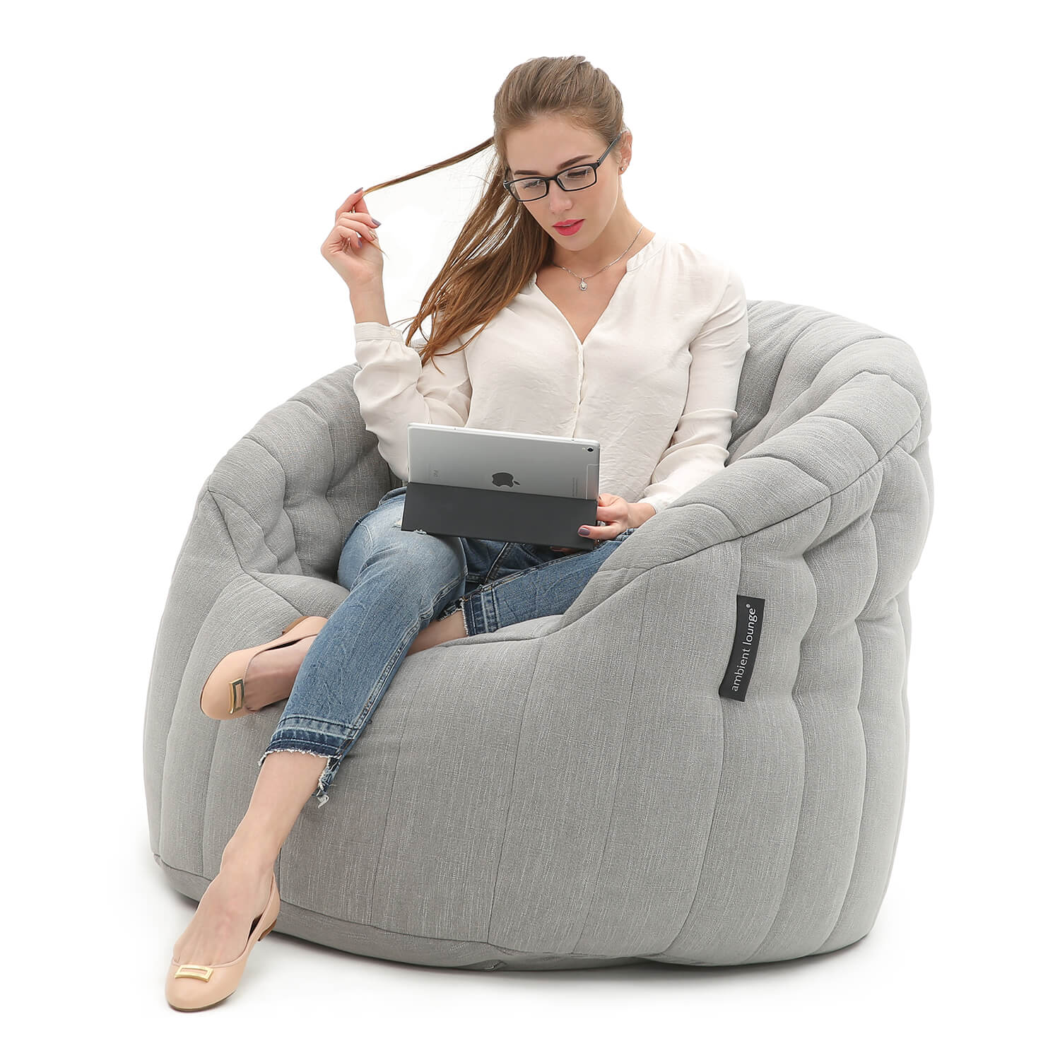 серое полукруглое бескаркасное кресло Butterfly Sofa из Sofa Weave для гостиной, домашнего кинотеатра и офиса