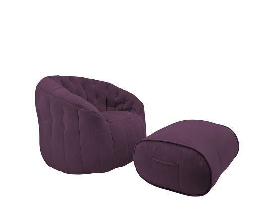 баклажановое просторное бескаркасное кресло Butterfly Sofa Deluxe велюровое в интерьере гостиная